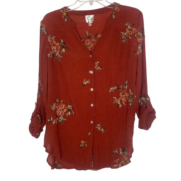 Anthropology Fig & Flower Tunic Top Womens PXL Rust Red Floral Embroidered Butto - Picture 1 of 10